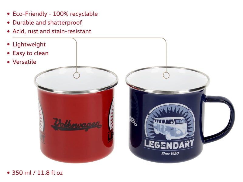 BRISA VW Collection - Volkswagen 2-piece Enamel CoffeeTea Mug Cup Set for Camping & Outdoor T1 Bus (Legendary/Red&Blue) (11.8 fl oz) - Image 2